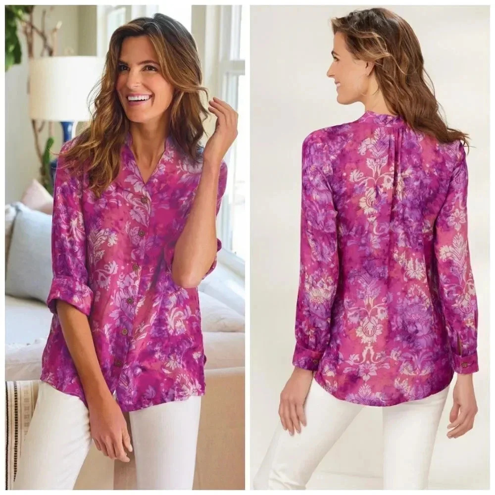 NWT Soft Surroundings Tops | Womens Big Island Shirt Purple Tie Dyed Hawaiian